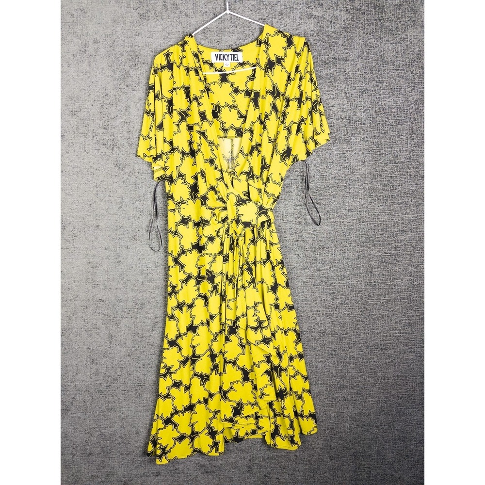 VTG Vicky Tiel Charterhouse Wrap‎ Dress Womens Yellow Printed Sz L Midi